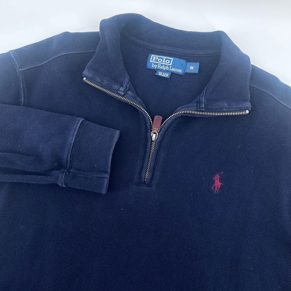 Polo Ralph Lauren Pullover Mens M Navy Blue Ribbed Cotton Quarter Zip Sweater